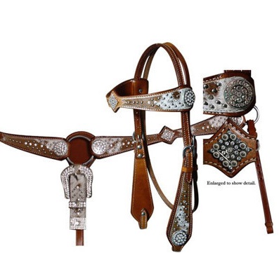 GLITTER LEATHER HORSE HEADSTALL W/ REINS & BREAST COLLAR TACK SET WESTERN BLING 