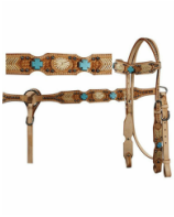 #14412: Showman Cowhide Inlay Browband Headstall and Breast Collar Set with Beads and Bling Conch